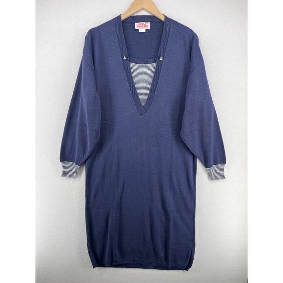 FALL RIVER KNITTING MILLS Dress L Sweater Shift Midi Sailor Cotton Blue USA VTG - Picture 1 of 15